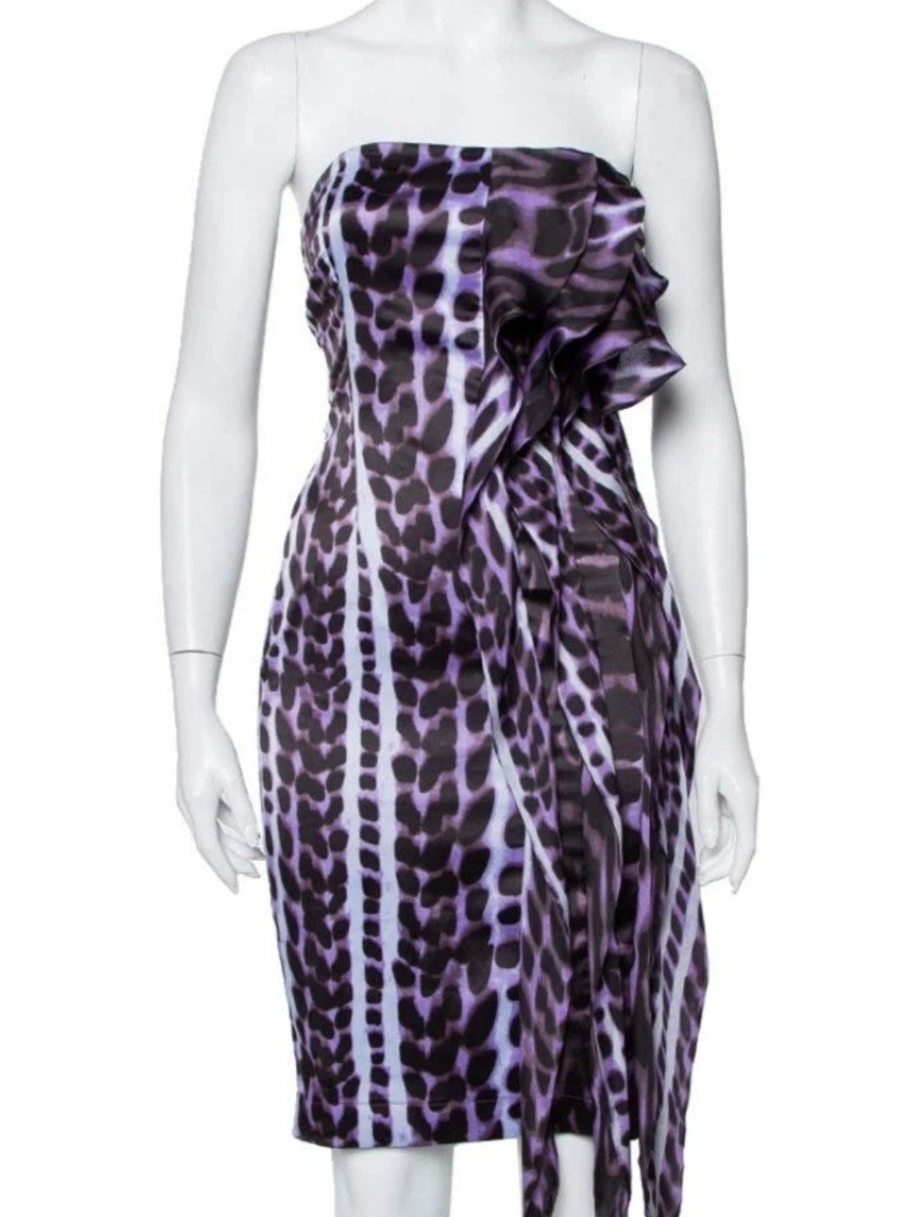 Just Cavalli Strapless Purple Leopard-Print Cocktail Dress, size 4US (40 IT)